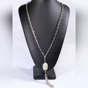Silver Tassel Lariat Pendant Necklace, Faux Howlite Stone, Boho New